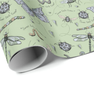 Soft Pastel Blauw en Groen Boho Baby Bugs Baby Cadeaupapier