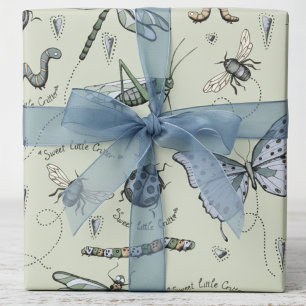 Soft Pastel Blauw & Sage Boho Baby Bugs Kinder Bab Cadeaupapier