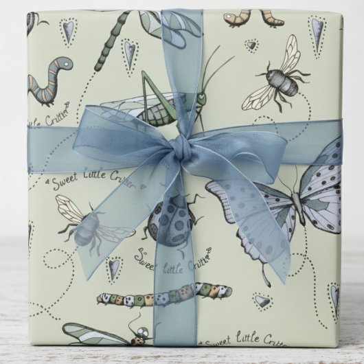 Soft Pastel Blauw & Sage Boho Baby Bugs Kinder Bab Cadeaupapier