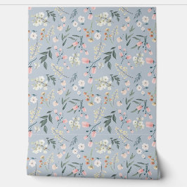 Soft Pastel Blue Botanische Bloemen Waterverf Behang