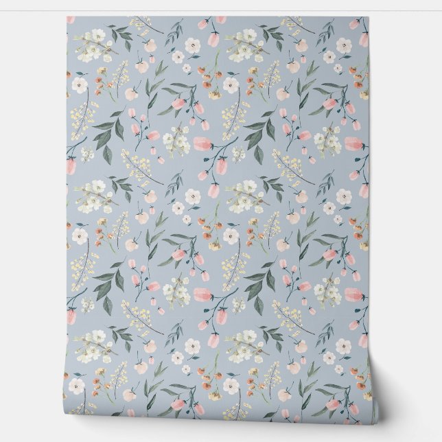 Soft Pastel Blue Botanische Bloemen Waterverf Behang (Afrollen)