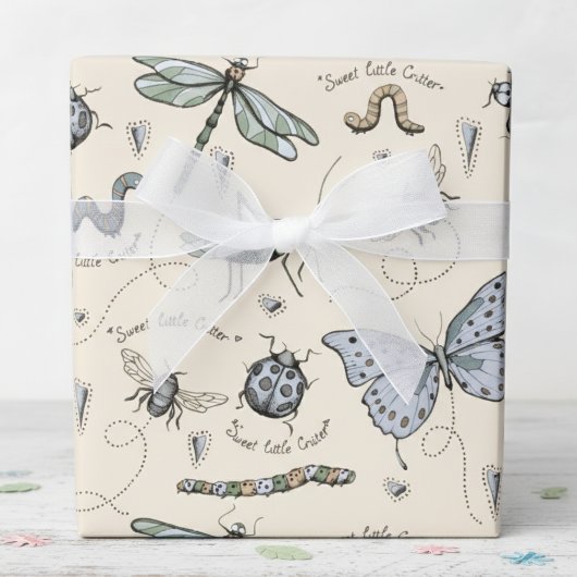 Soft Pastel Blue & Cream Boho Baby Bugs Kinder Bab Cadeaupapier