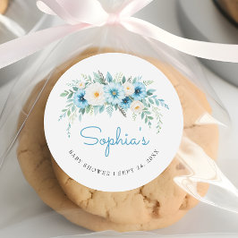 Soft Pastel Blue Floral Elegant Baby shower Favori Ronde Sticker