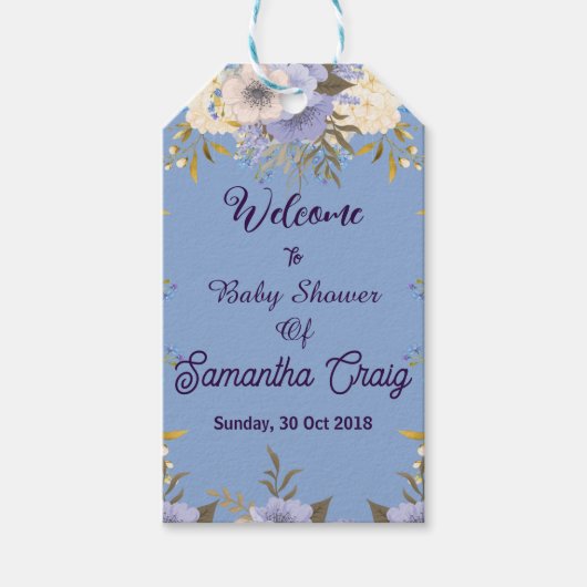 Soft Pastel Blue Flowers Lila Bloemen Baby shower Cadeaulabel (Voorkant)