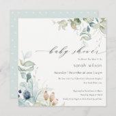 Soft Pastel Blue Green Foliage Baby shower Invite Bedankkaart (Voorkant / Achterkant)