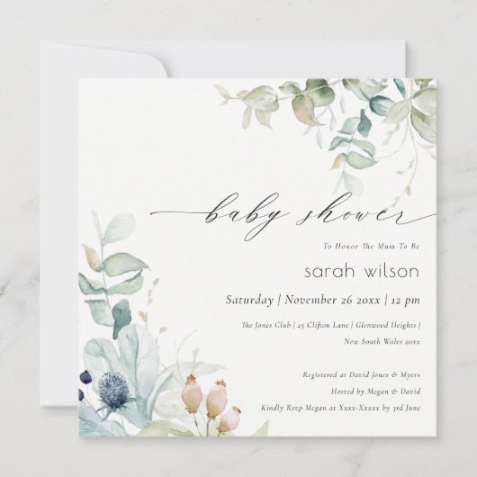 Soft Pastel Blue Green Foliage Baby shower Invite Bedankkaart (Voorkant)