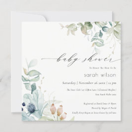 Soft Pastel Blue Green Foliage Baby shower Invite Bedankkaart
