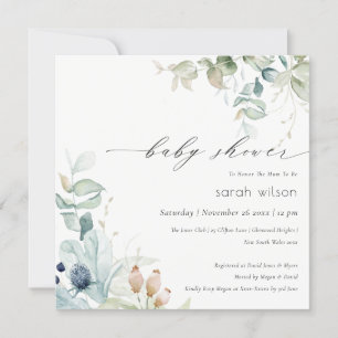 Soft Pastel Blue Green Foliage Baby shower Invite Bedankkaart