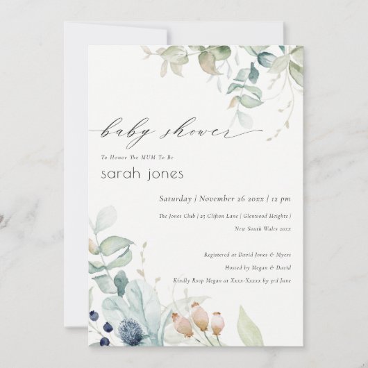 Soft Pastel Blue Green Foliage Baby shower Invite Bedankkaart (Voorkant)