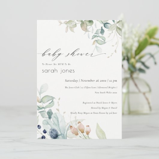 Soft Pastel Blue Green Foliage Baby shower Invite Bedankkaart (Staand voorkant)