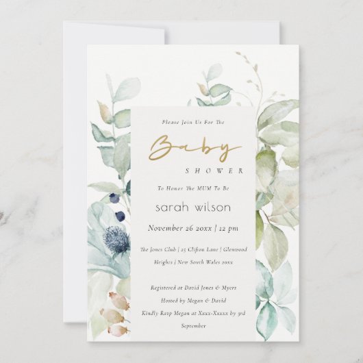 Soft Pastel Blue Green Foliage Baby shower Invite Bedankkaart (Voorkant)