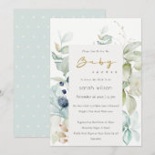 Soft Pastel Blue Green Foliage Baby shower Invite Bedankkaart (Voorkant / Achterkant)