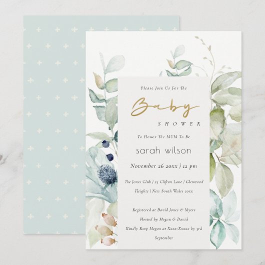 Soft Pastel Blue Green Foliage Baby shower Invite Bedankkaart (Voorkant / Achterkant)