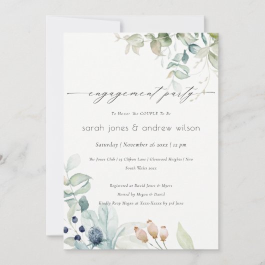 Soft Pastel Blue Green Foliage Verloving Invite Bedankkaart (Voorkant)