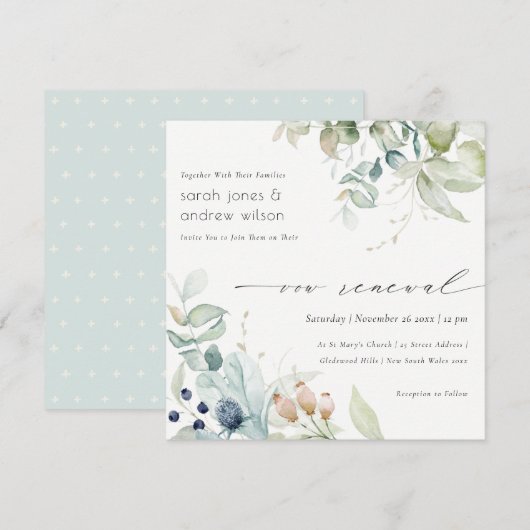 Soft Pastel Blue Green Foliage Vow Renewal Invite Bedankkaart (Voorkant / Achterkant)