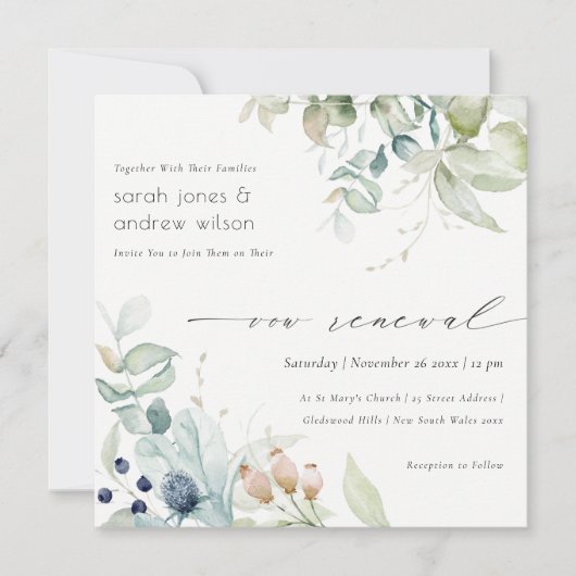 Soft Pastel Blue Green Foliage Vow Renewal Invite Bedankkaart (Voorkant)