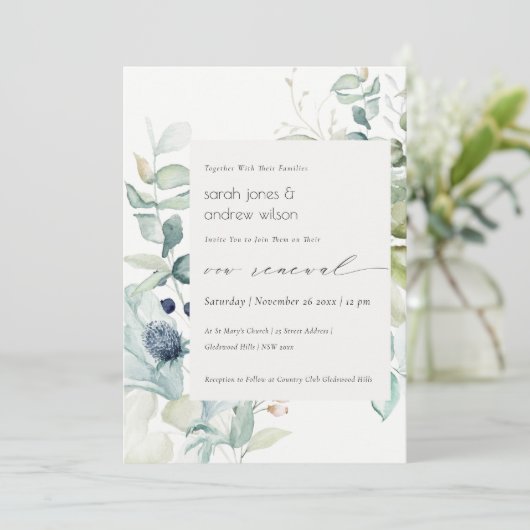 Soft Pastel Blue Green Foliage Vow Renewal Invite Bedankkaart (Staand voorkant)