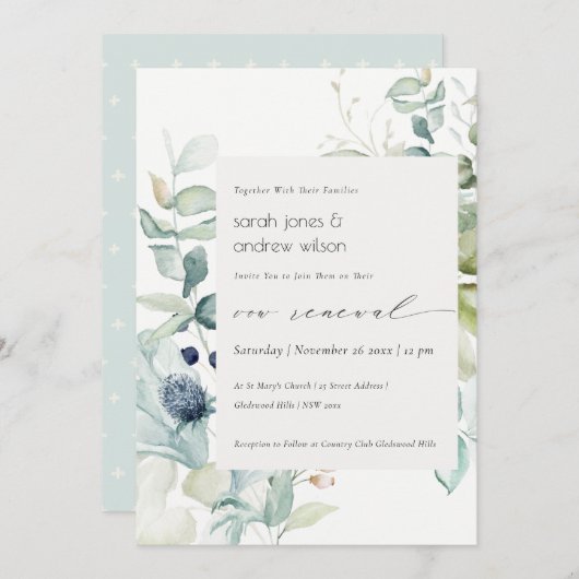 Soft Pastel Blue Green Foliage Vow Renewal Invite Bedankkaart (Voorkant / Achterkant)