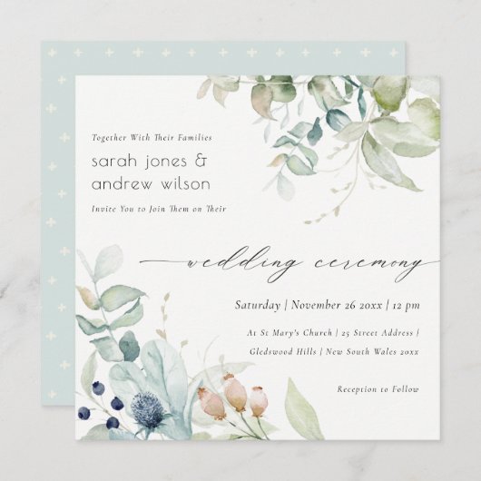 Soft Pastel Blue Green Foliage Weddenschap Bedankkaart (Voorkant / Achterkant)