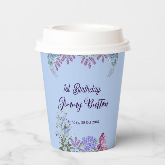 Soft Pastel Blue Hydrangea Paarse Lila Verjaardag Papieren Bekers (Achterkant)