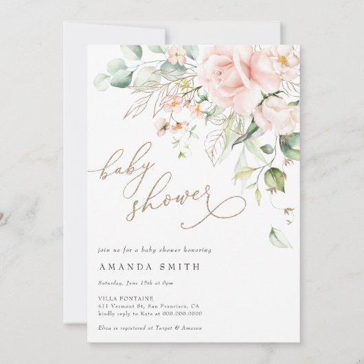 Soft Pastel Blush Bloemen Roze Glitter Baby shower Kaart (Voorkant)