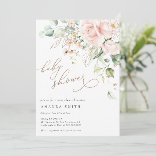 Soft Pastel Blush Bloemen Roze Glitter Baby shower Kaart (Staand voorkant)