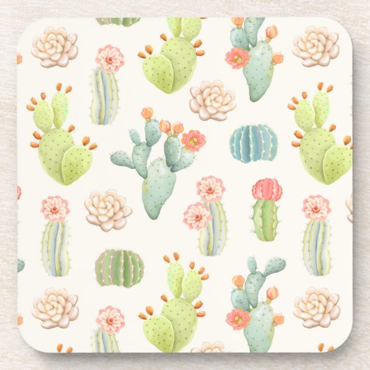 Soft Pastel Cactus & Succulent Pattern Bier Onderzetter (Voorkant)
