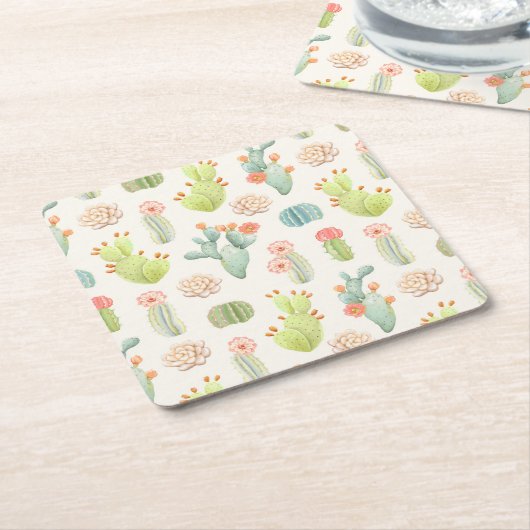 Soft Pastel Cactus & Succulent Pattern Kartonnen Onderzetters (Schuin)