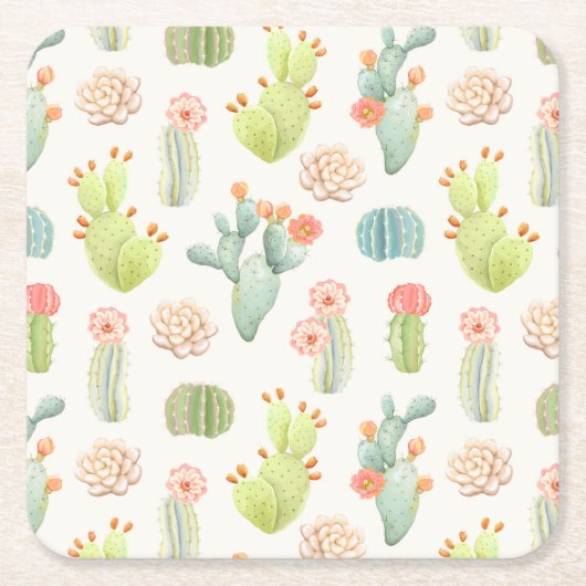 Soft Pastel Cactus & Succulent Pattern Kartonnen Onderzetters (Voorkant)