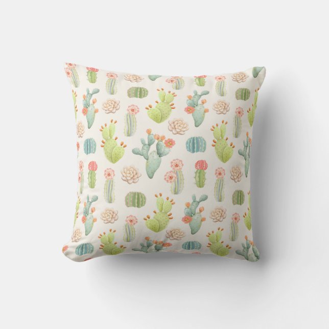 Soft Pastel Cactus & Succulent Pattern Kussen (Voorkant)