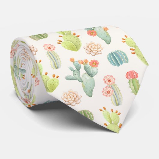 Soft Pastel Cactus & Succulent Pattern Stropdas (Opgerold)