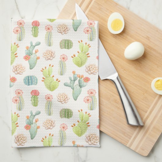 Soft Pastel Cactus & Succulent Pattern Theedoek (Quarter Fold)