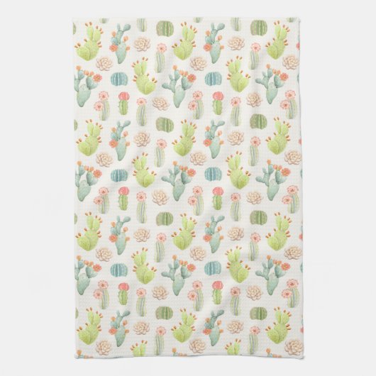 Soft Pastel Cactus & Succulent Pattern Theedoek (Verticaal)