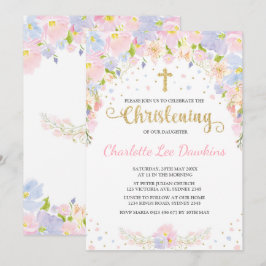 Soft Pastel Floral Girl Christening Baptism Invite Kaart