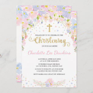 Soft Pastel Floral Girl Christening Baptism Invite Kaart