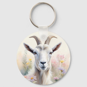 Soft Pastel Flower Field Goat Portret Sleutelhanger