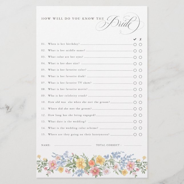 Soft Pastel Ornate Spring chic Bridal Shower Game (Voorkant)