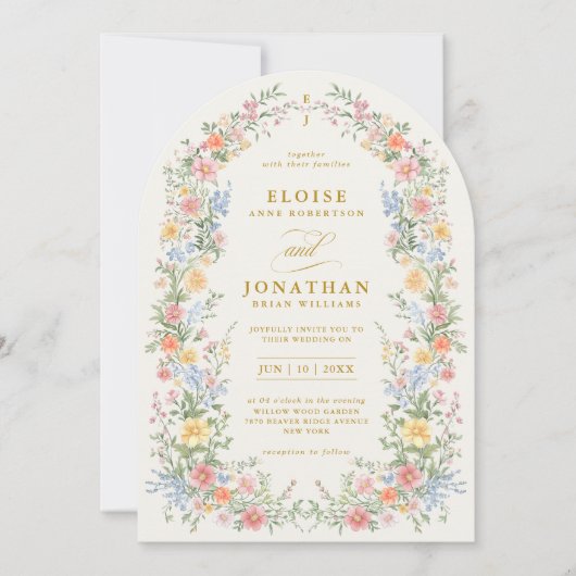 Soft Pastel Ornate Spring Floral Arch Gold Wedding Kaart (Voorkant)