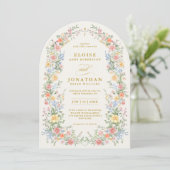 Soft Pastel Ornate Spring Floral Arch Gold Wedding Kaart (Staand voorkant)