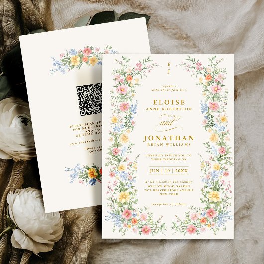 Soft Pastel Ornate Spring Floral QR Code Wedding Kaart