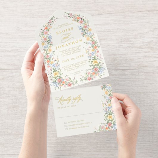 Soft Pastel Ornate Spring Garden Floral Wedding All In One Uitnodiging (Uittrekbaar)