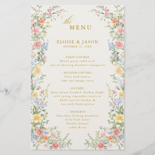Soft Pastel Ornate Spring Garden Gold Wedding Menu (Voorkant)
