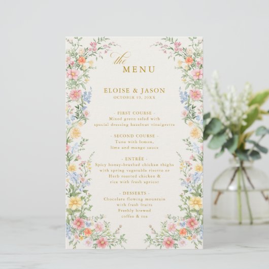 Soft Pastel Ornate Spring Garden Gold Wedding Menu (Staand voorkant)