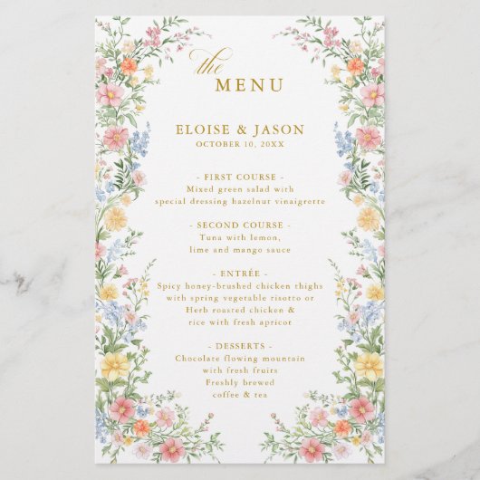 Soft Pastel Ornate Spring Garden Gold Wedding Menu (Voorkant)