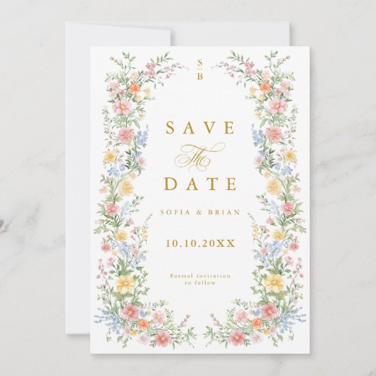 Soft Pastel Ornate Spring Garden Gold Wedding Save The Date (Voorkant)