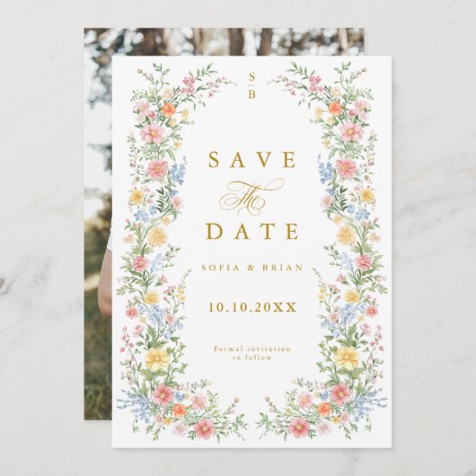 Soft Pastel Ornate Spring Garden Gold Wedding Save The Date (Voorkant / Achterkant)