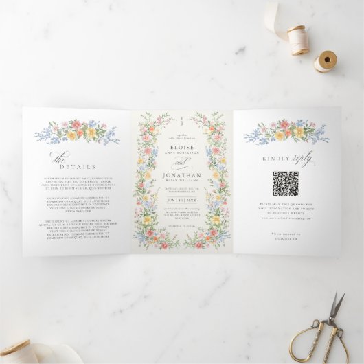 Soft Pastel Ornate Spring Garden Wedding invite    Drieluik Programma (Binnen)
