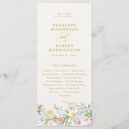 Soft Pastel Ornate Spring Gold Floral Wedding Programmakaart (Voorkant)
