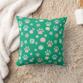 Soft Pastel Paw Prints and Flowers Pattern  Kussen