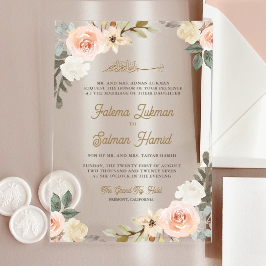 Soft Pastel Peach Floral Islamic Muslim Wedding Acryl Uitnodigingen
